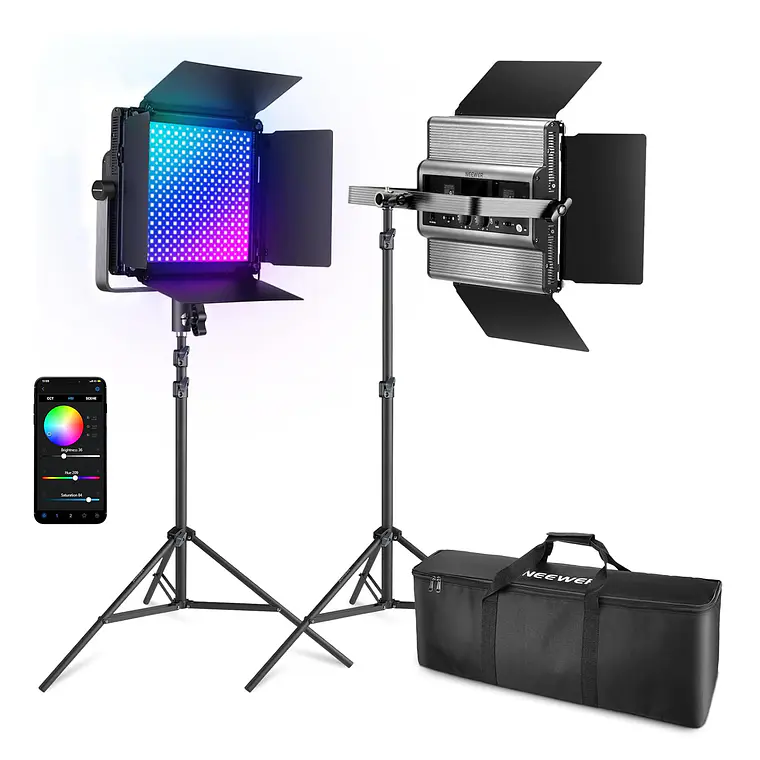 Kit de 2 Paneles de Luz LED RGB para Video 60 W con Control por App, Trípodes y Bolsa Neewer RGB1200
